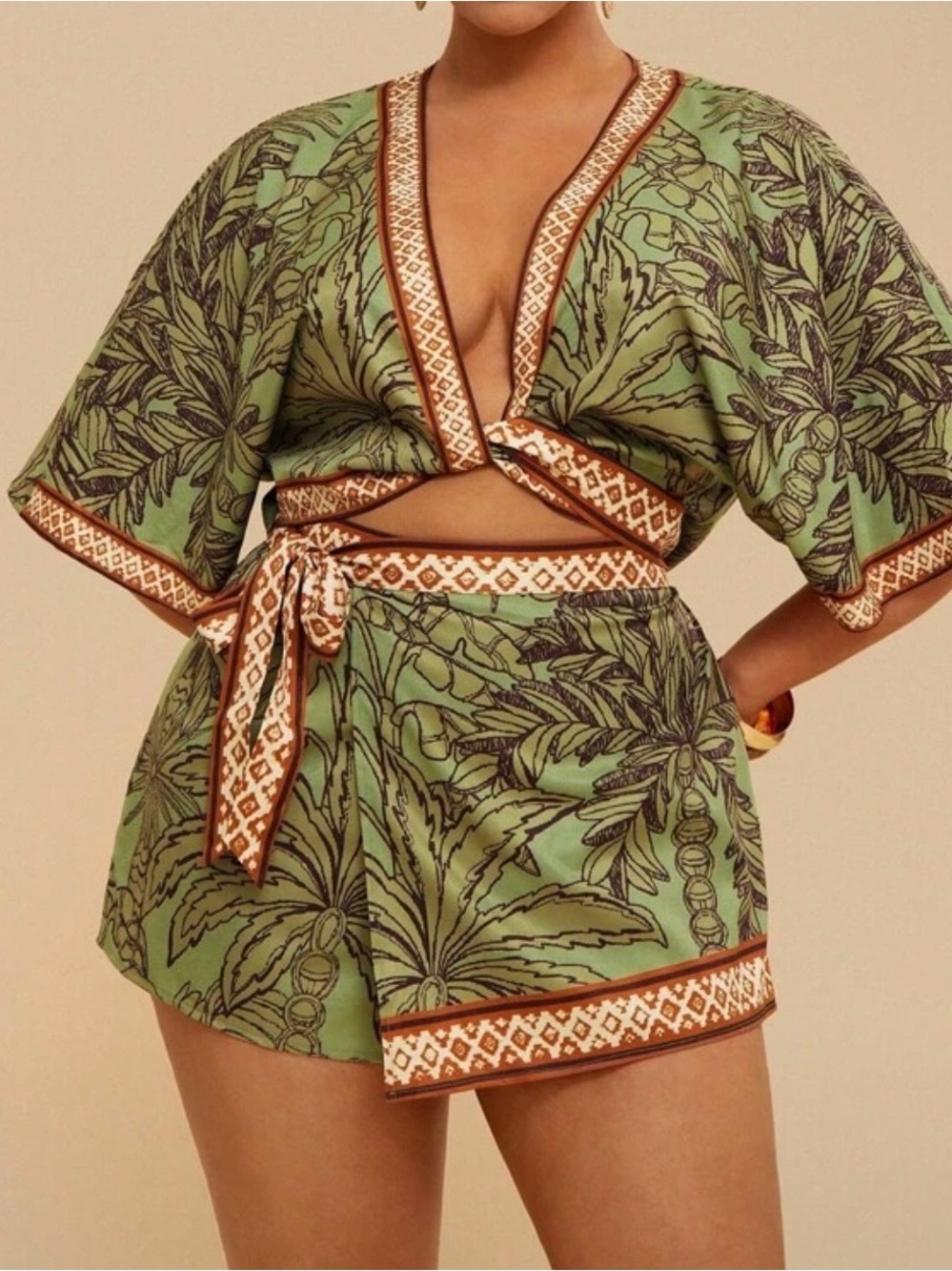 SHEIN Green Tropical Print Wrap Shorts with Brown Trim
